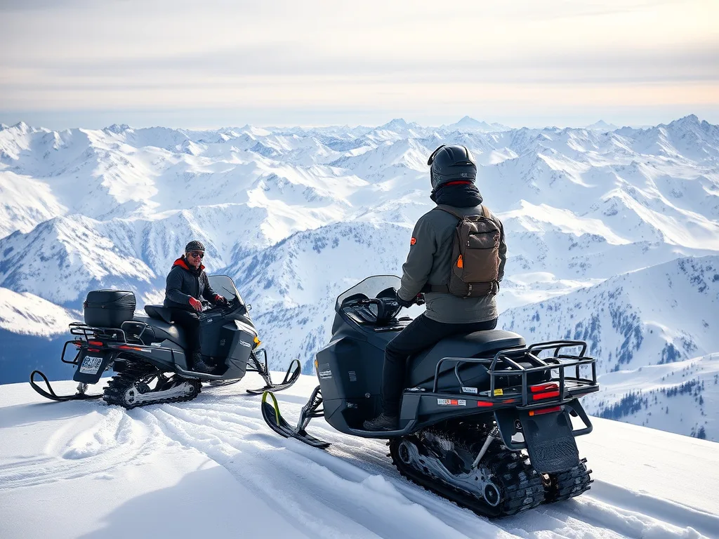 Backcountry snowmobile guide on a high alpine ridge overlooking a snowy mountain range