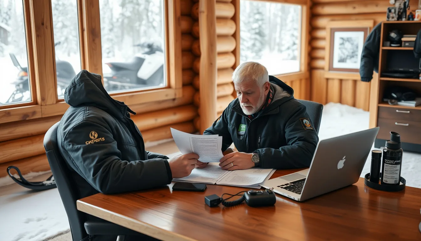 Tour operator reviewing insurance paperwork and a laptop at a lodge desk