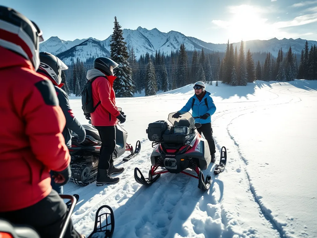 Snowmobile tour guide giving a safety briefing to a group of riders