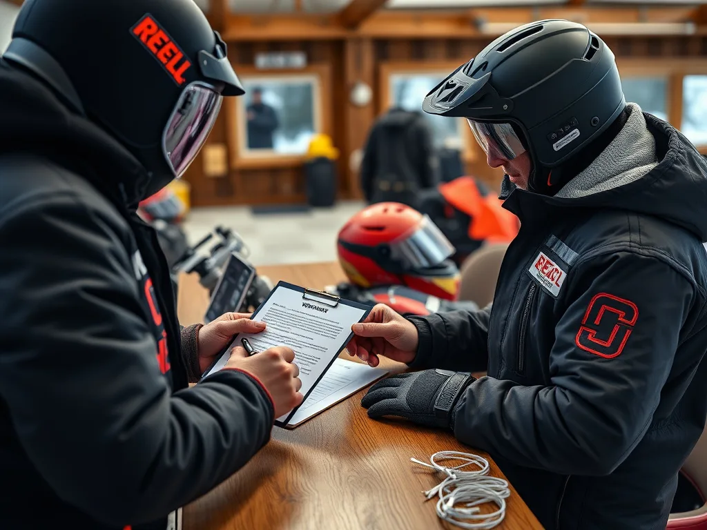 Rider signing a clipboard liability waiver at a snowmobile tour check-in