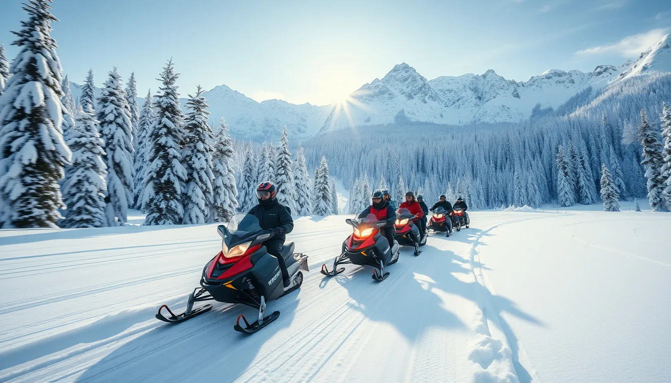 Guided group of snowmobilers riding single file through deep powder on a mountain trail with alpine peaks in the winter backcountry