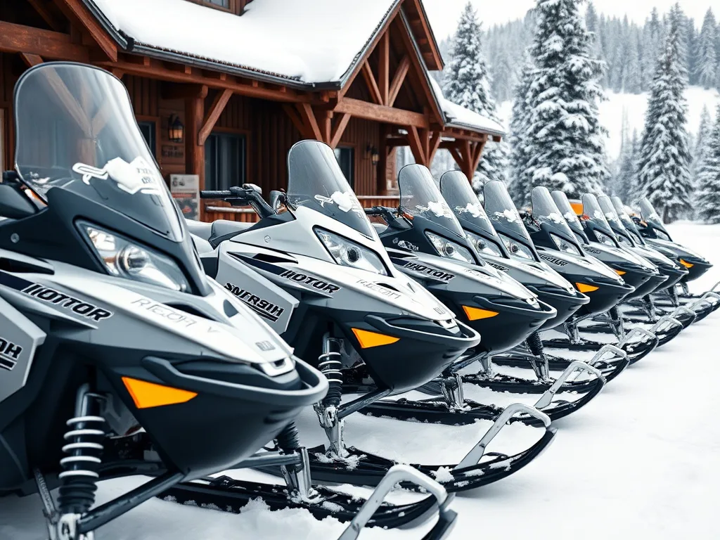 Row of clean modern snowmobiles lined up at a rental and tour base lodge in the snow